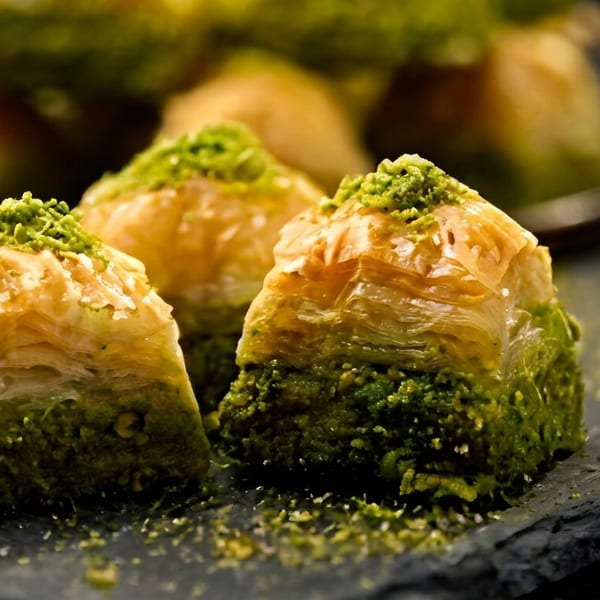 Three pieces of baklava, topped with green pistachio crumbles, on a dark stone surface.