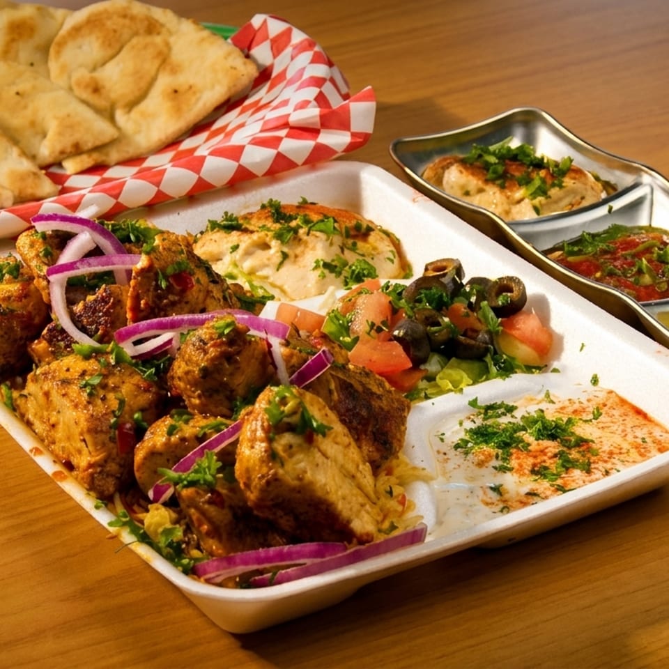 A takeout container with chicken, hummus, salad, and pita bread on a wooden table.
