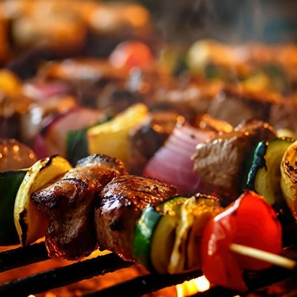 Skewers of grilled meat and colorful vegetables cooking over an open flame on a barbecue.