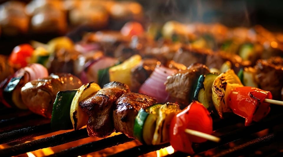 Skewers of grilled meat and colorful vegetables cooking over an open flame on a barbecue.