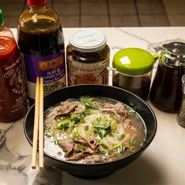 A bowl of pho with beef and herbs, surrounded by various sauces and seasonings on a marble counter.