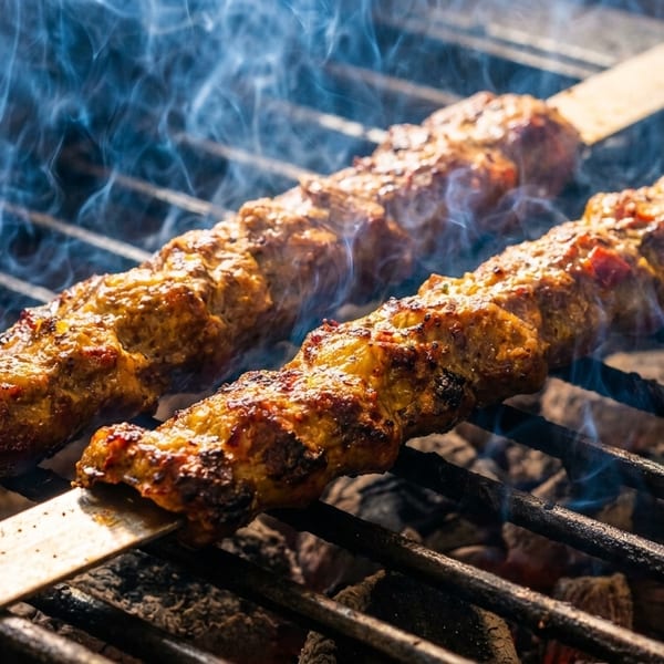 Two sizzling kebabs with blue smoke rising from the grill over hot coals.
