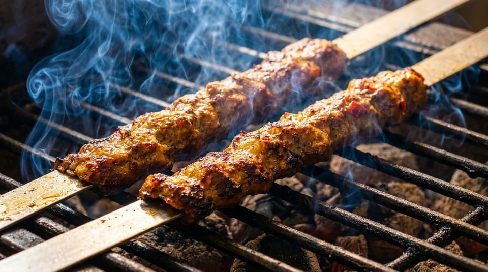 Two sizzling meat kebabs on skewers grilling over hot coals with blue smoke rising.